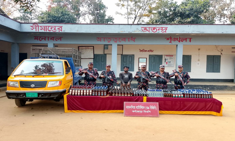 শ্রীবরদী সীমান্তে পিকআপ ভর্তি ৫৪৫ বোতল ভারতীয় মদসহ আটক ১