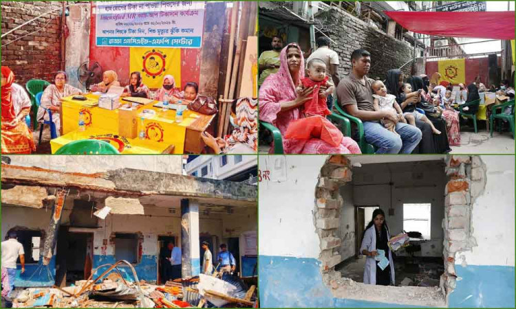 গুঁড়িয়ে দেওয়া স্বাস্থ্যকেন্দ্রের বাইরে সড়কের পাশে চলছে টিকাদান
